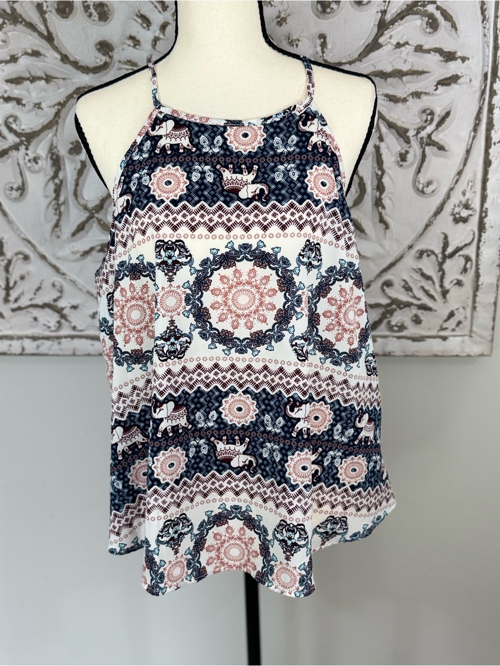 Boho Elephant Print Spaghetti Strap Tank Top - Navy & Blush